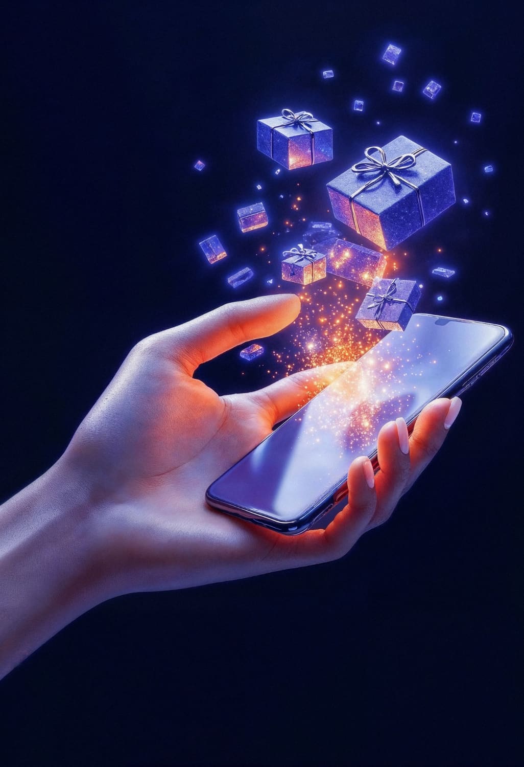 Hand holding a smartphone with animated reward boxes and sparkles bursting from the screen